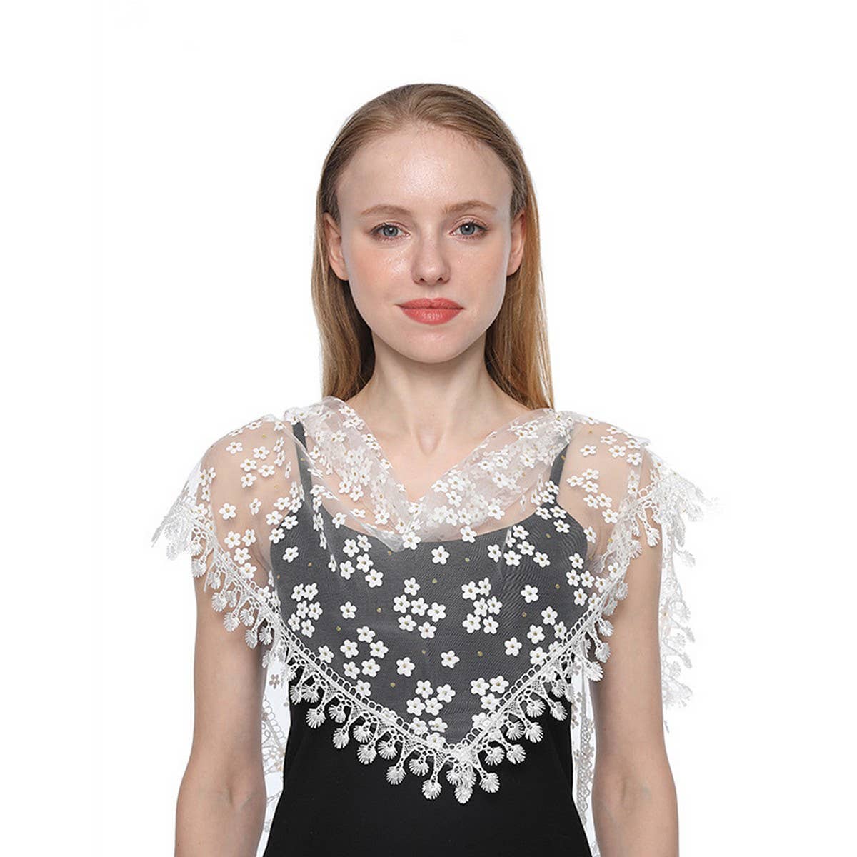 SOLID COLOR TASSEL FLOWER TRIANGLE LACE VEIL_CWMM1987