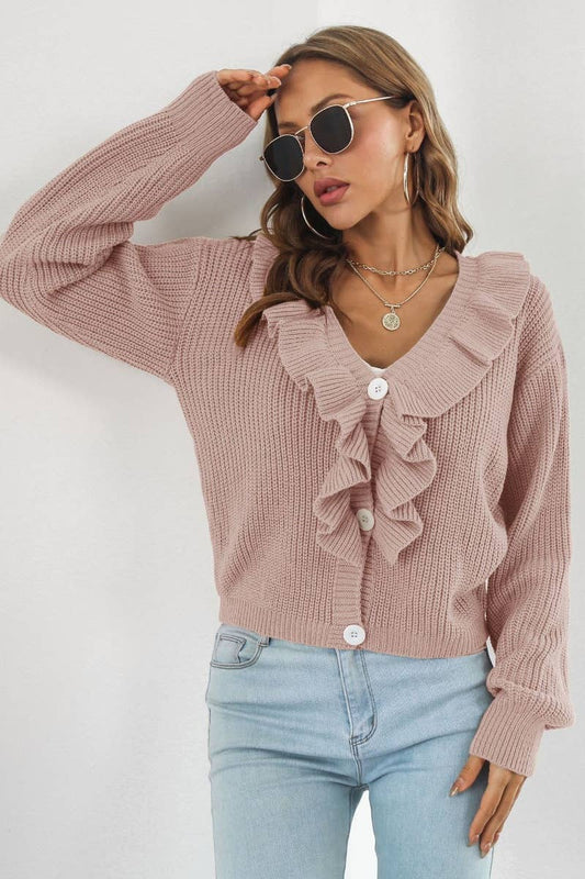 CWOCAL2062_FASHION RUFFLED LOOSE SWEATER CARDIGAN SHORT