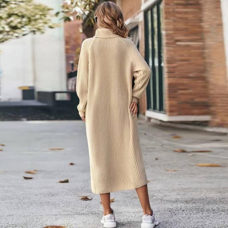 LONG SOLID COLOR FITTING TURTLENECK SWEATER DRESS