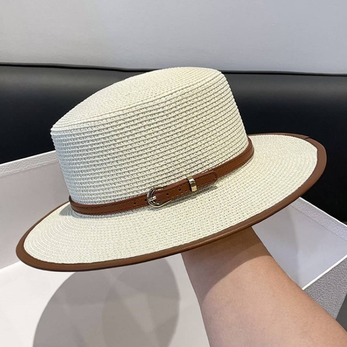 BRITISH STYLE FLAT TOP FASHIONABLE BELT STRAW HAT_CWAH1156