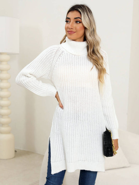 THICK SWEATER TURTLENECK SIMPLE SLIT DRESS