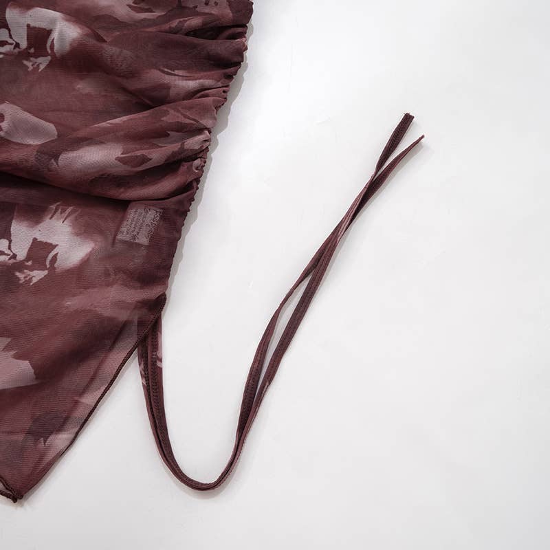 PRINTED PLEATED BODICE SLIM SPLIT SHORT DRESS