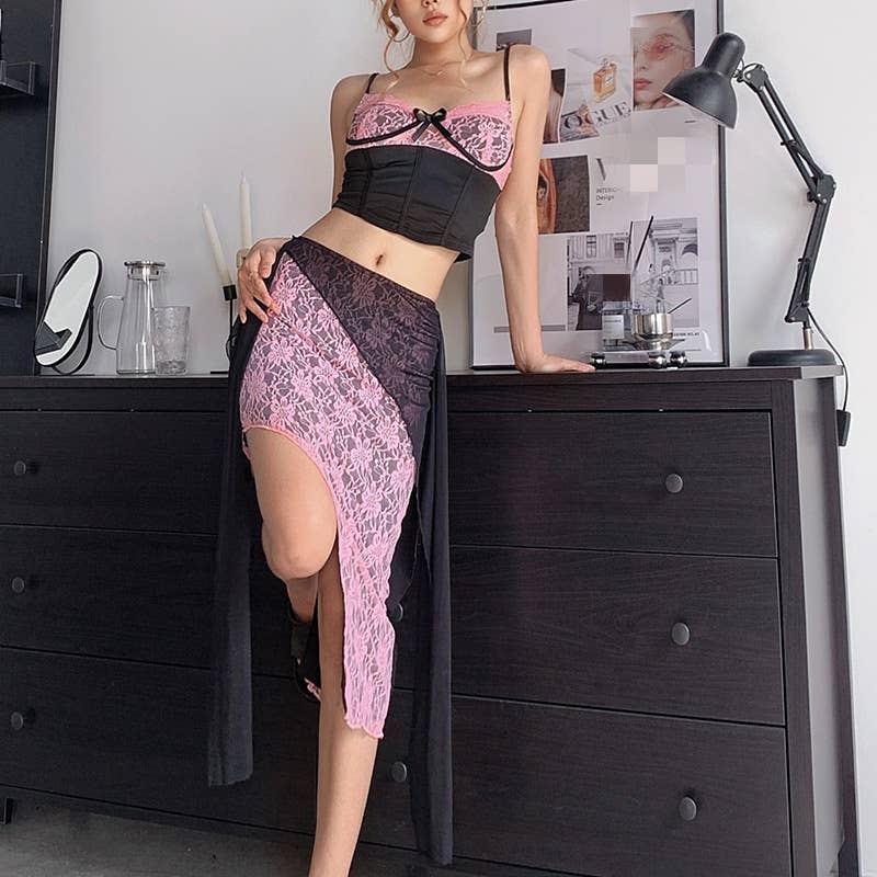 Lace strappy top lace-up cinched waist skirt set