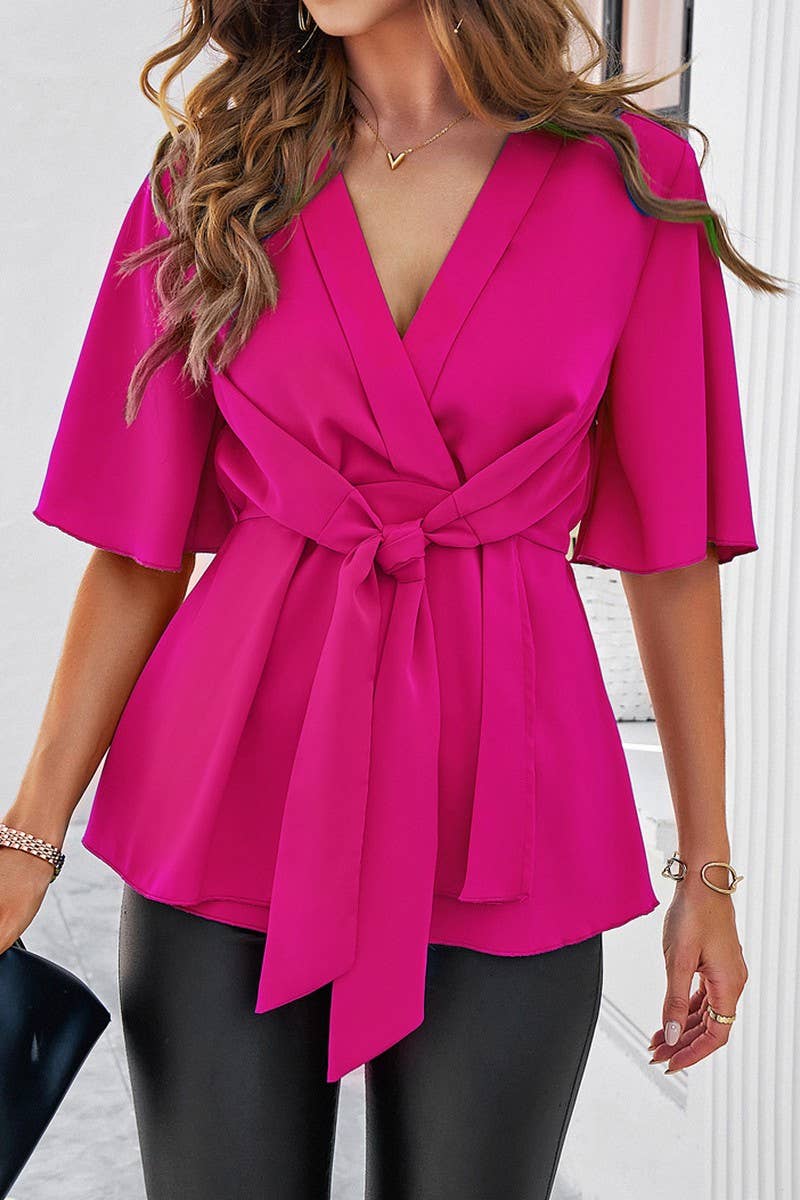 SOLID COLOR ELEGANT SHORT SLEEVED BELTED TOP_CWTSTS0323