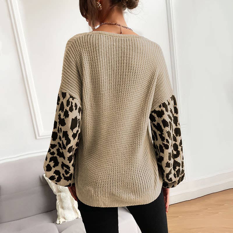 V-neck loose leopard print patchwork sweater