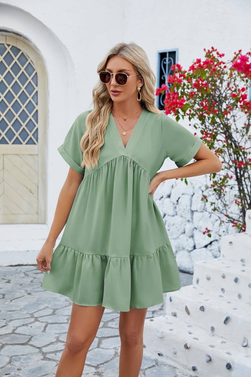 CWDSD3113_V Neck Tiered Short Sleeve Dress