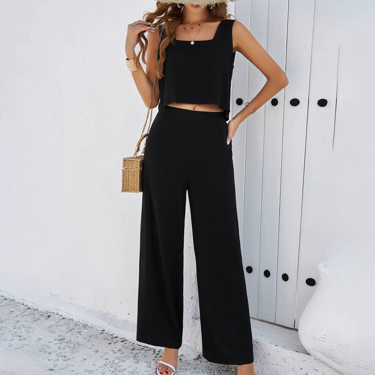 SOLID SLEEVELESS VEST AND PANTS SUIT_CWSTB0514