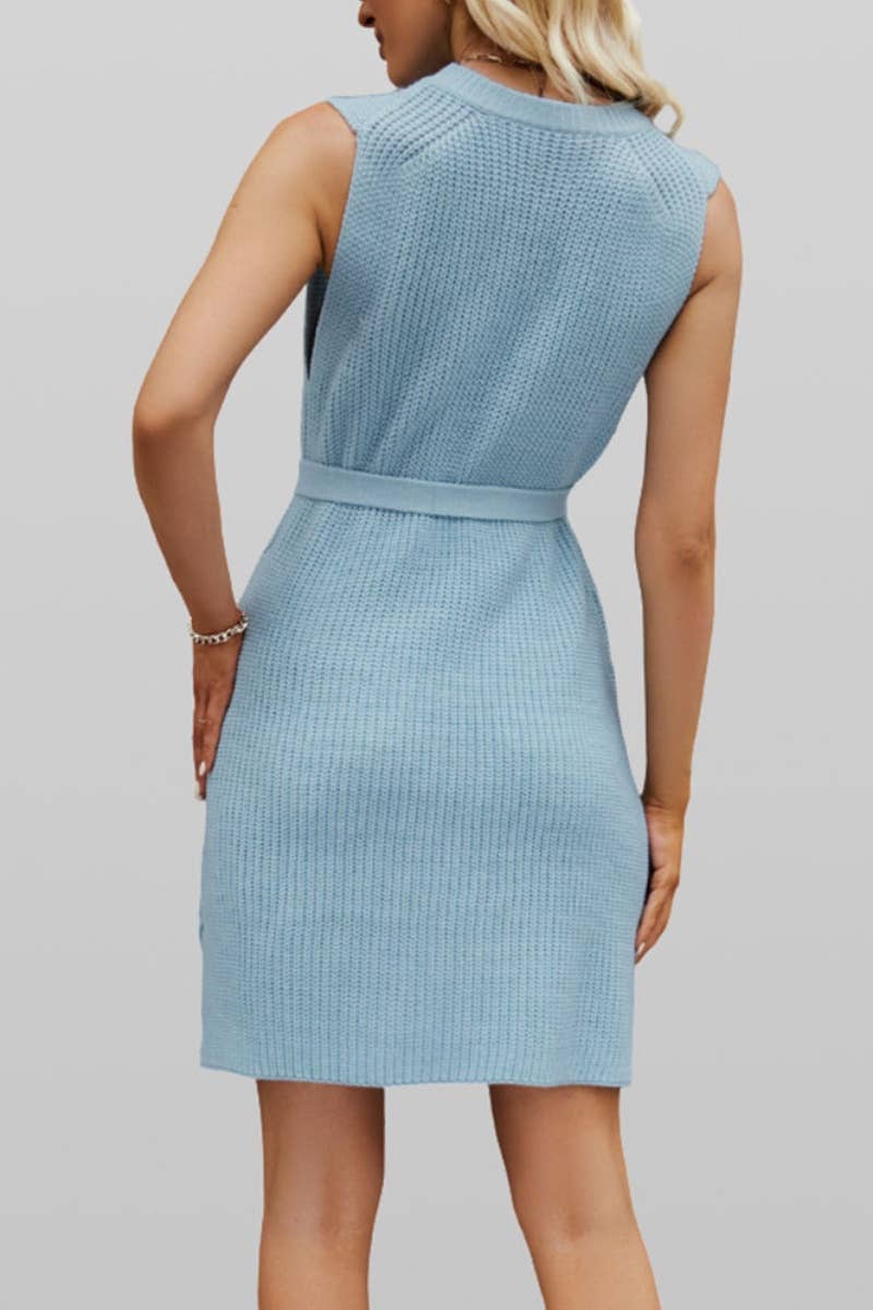 CWDSD3929_WOMEN'S KNITTED CREW NECK SLEEVELESS SHORT DRESS