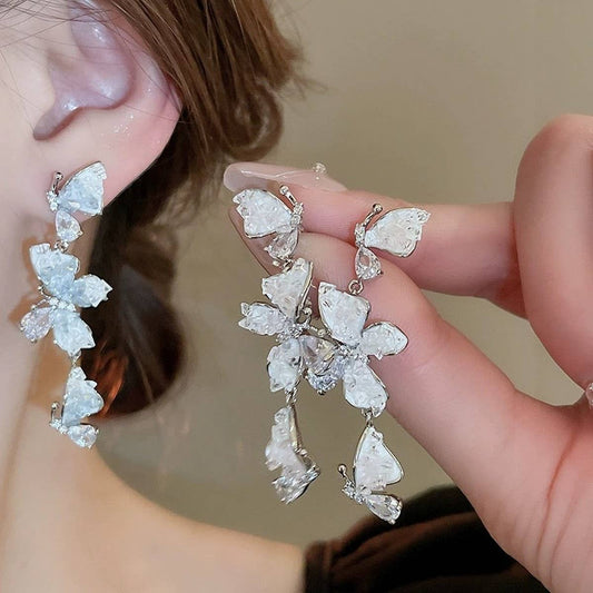 GRADIENT SWEET CRYSTAL BUTTERFLY LONG EARRINGS