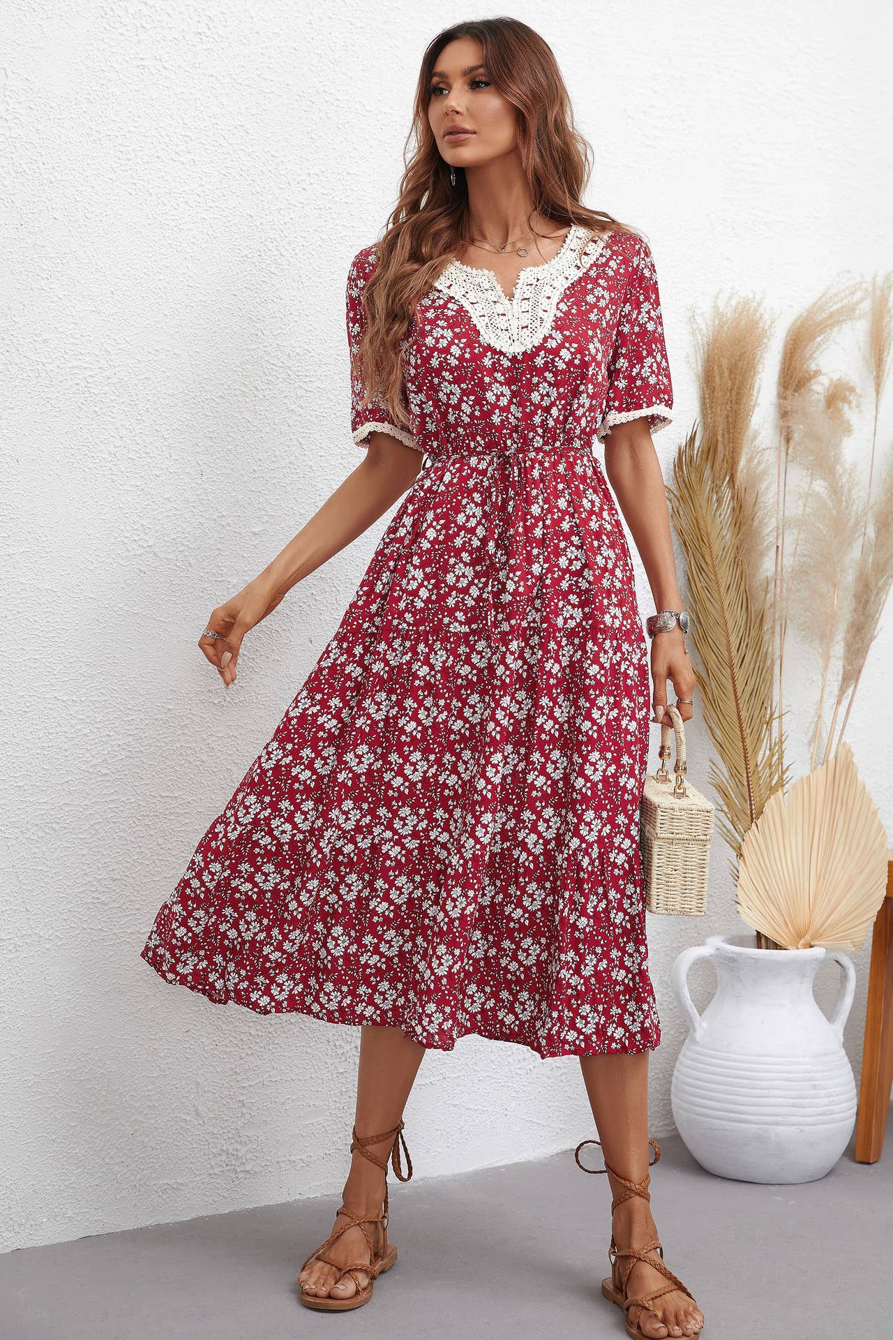 V-NECK FASHION PRINT SLIM-FIT WAISTLINE DRESS