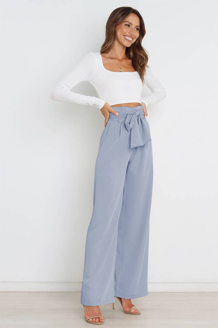 WOMEN TIED WAIST WIDE LEG OFFICE WORK PANTS
