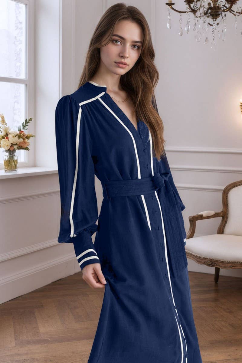 CWDMD6377_VINTAGE STRIPED V-NECK TIE WAIST MAXI DRESS