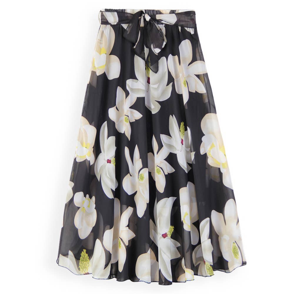Floral large swing A-line chiffon long skirt