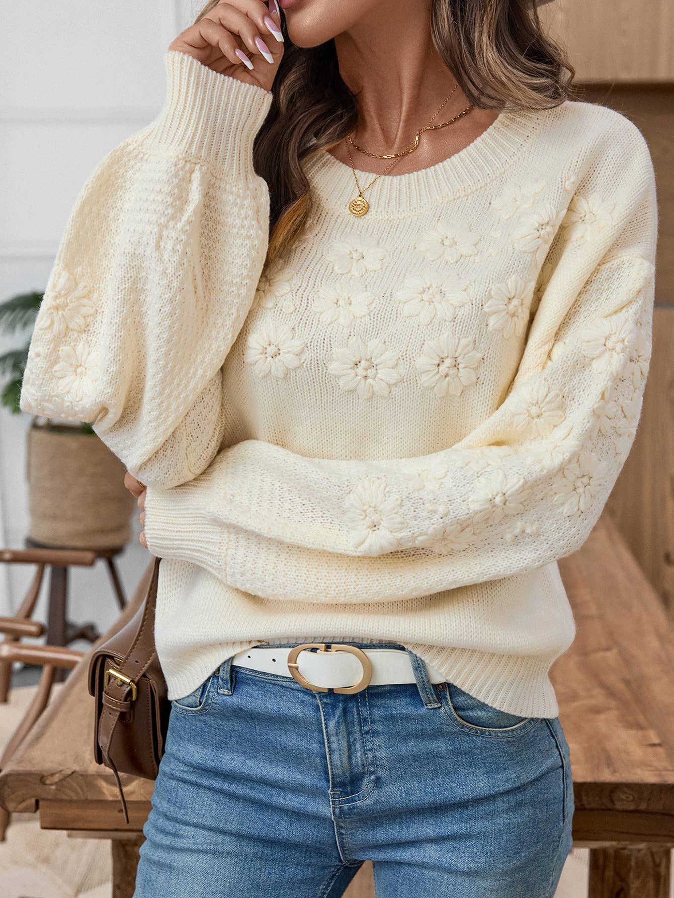 Three-dimensional Daisy heavy embroidery sweater