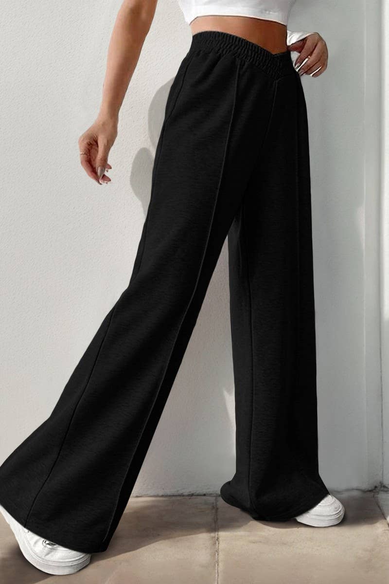 CWBLP1356_CASUAL ELASTIC V-NECK HIGH WAIST WIDE LEG PANTS
