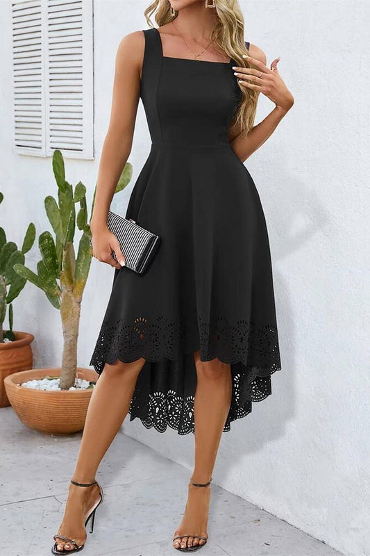 CWDHL0779_ELEGANT IRREGULAR HEM HOLLOW VEST DRESS