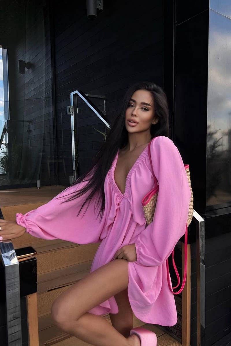 CWDSD6540_SOLID COLOR LANTERN SLEEVE V-NECK SEXY DRESS