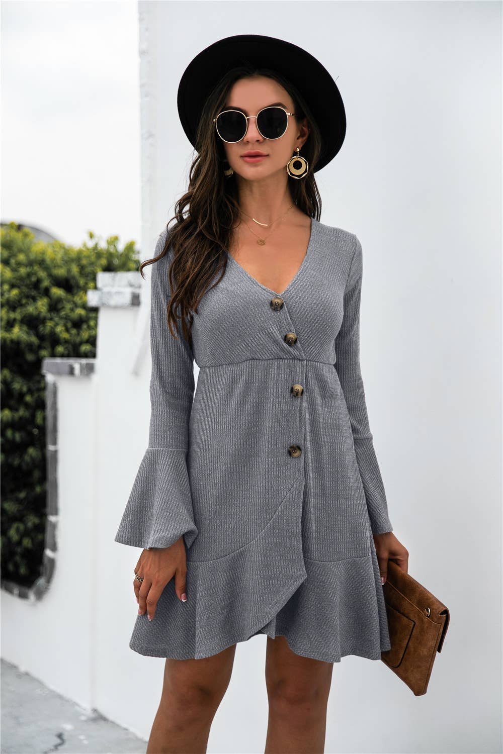 V-NECK RUFFLED TRUMPET SLEEVE BUTTON KNIT DRESS
