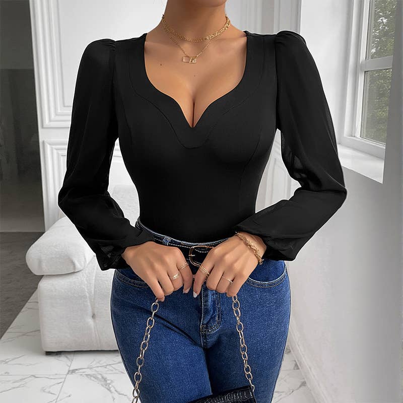 Solid-color mesh spliced V-neck jumpsuit