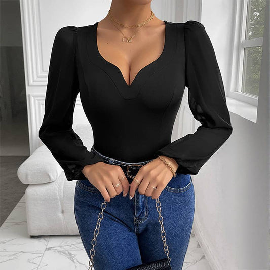Solid-color mesh spliced V-neck jumpsuit