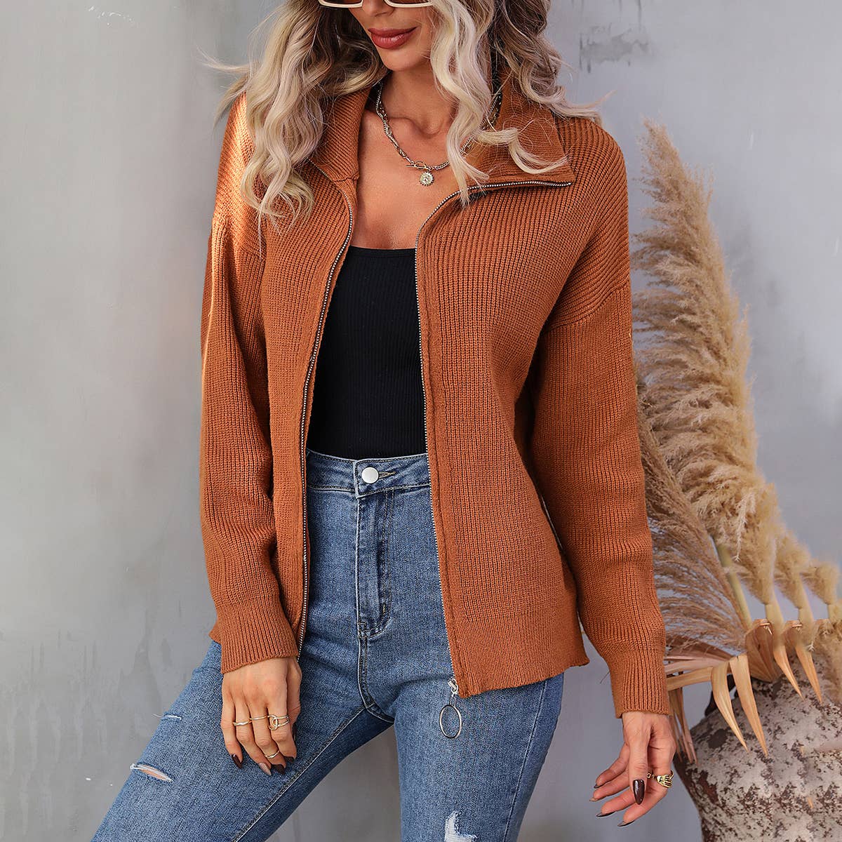 Knit turtleneck solid color zip-up sweater jacket