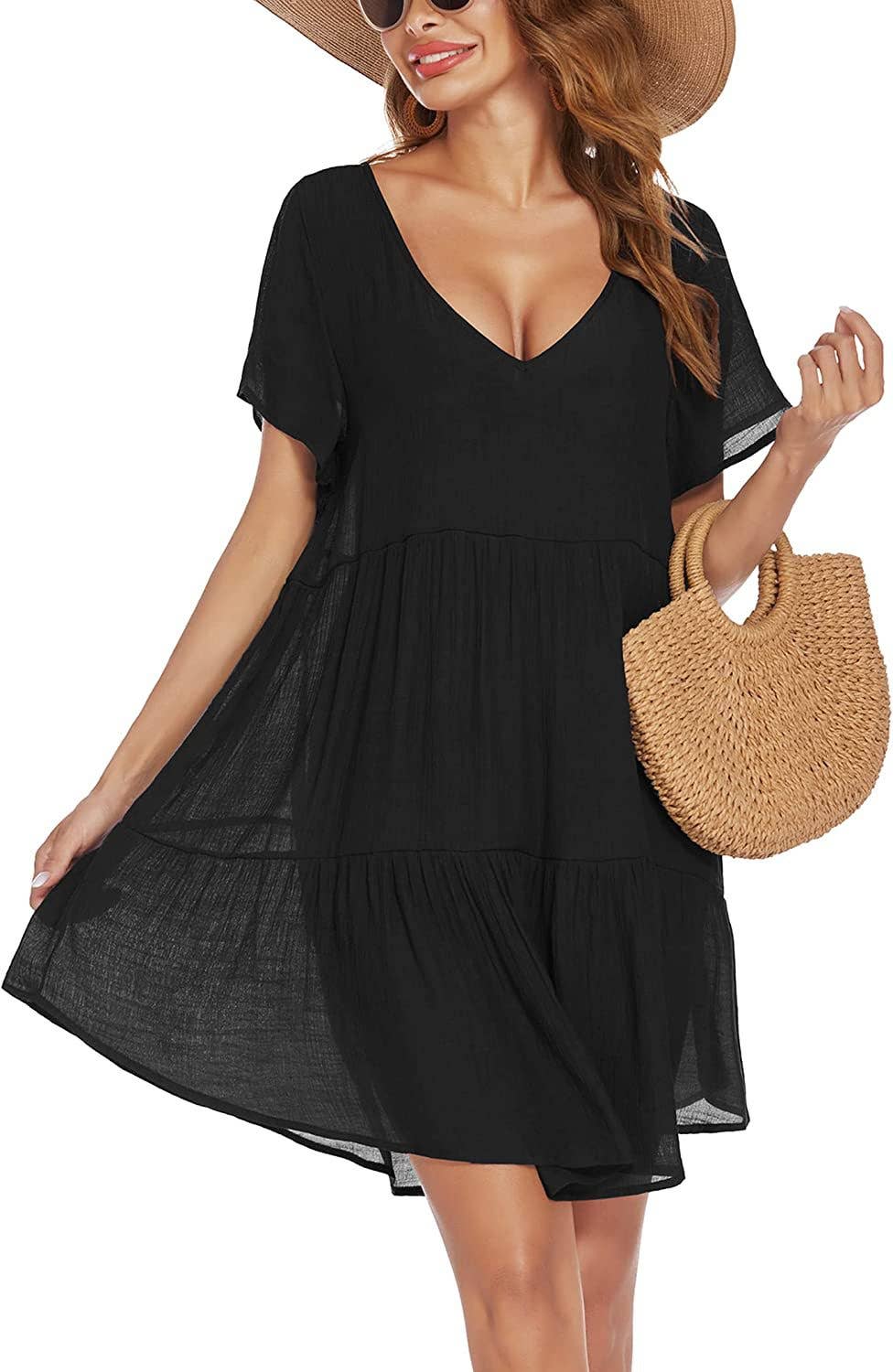 Solid color dark V-neck translucent smock dress