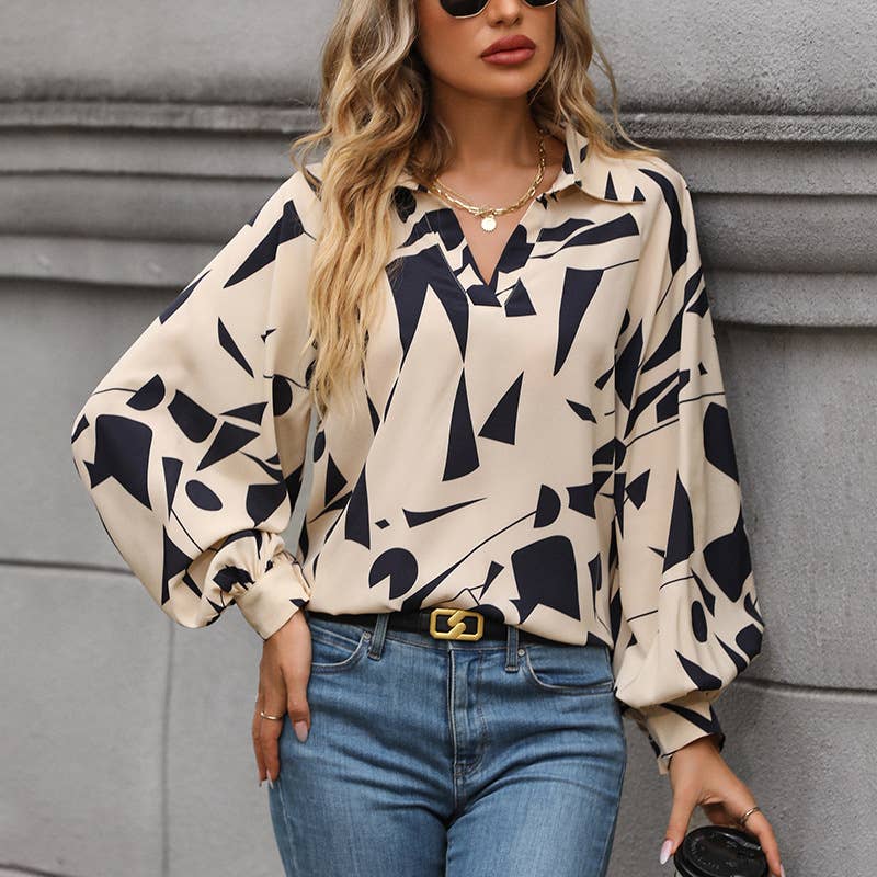 Draping geometric print long-sleeved shirt
