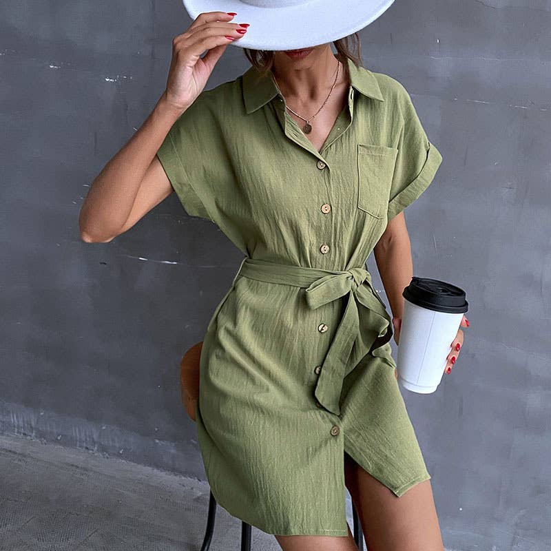 Lace-up short sleeve shirt cotton linen dress