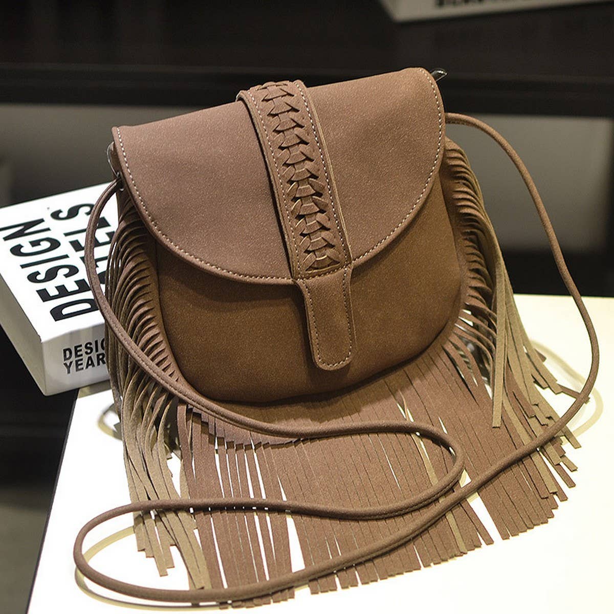 CWAB4563_BRAIDED BELT BUCKLE NUBUCK TASSEL SHOULDER BAG