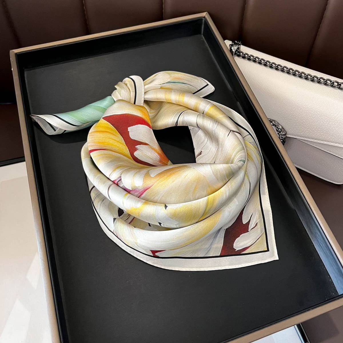 100% Silk Camellia Print Twill Scarf for Women_CWASC0539