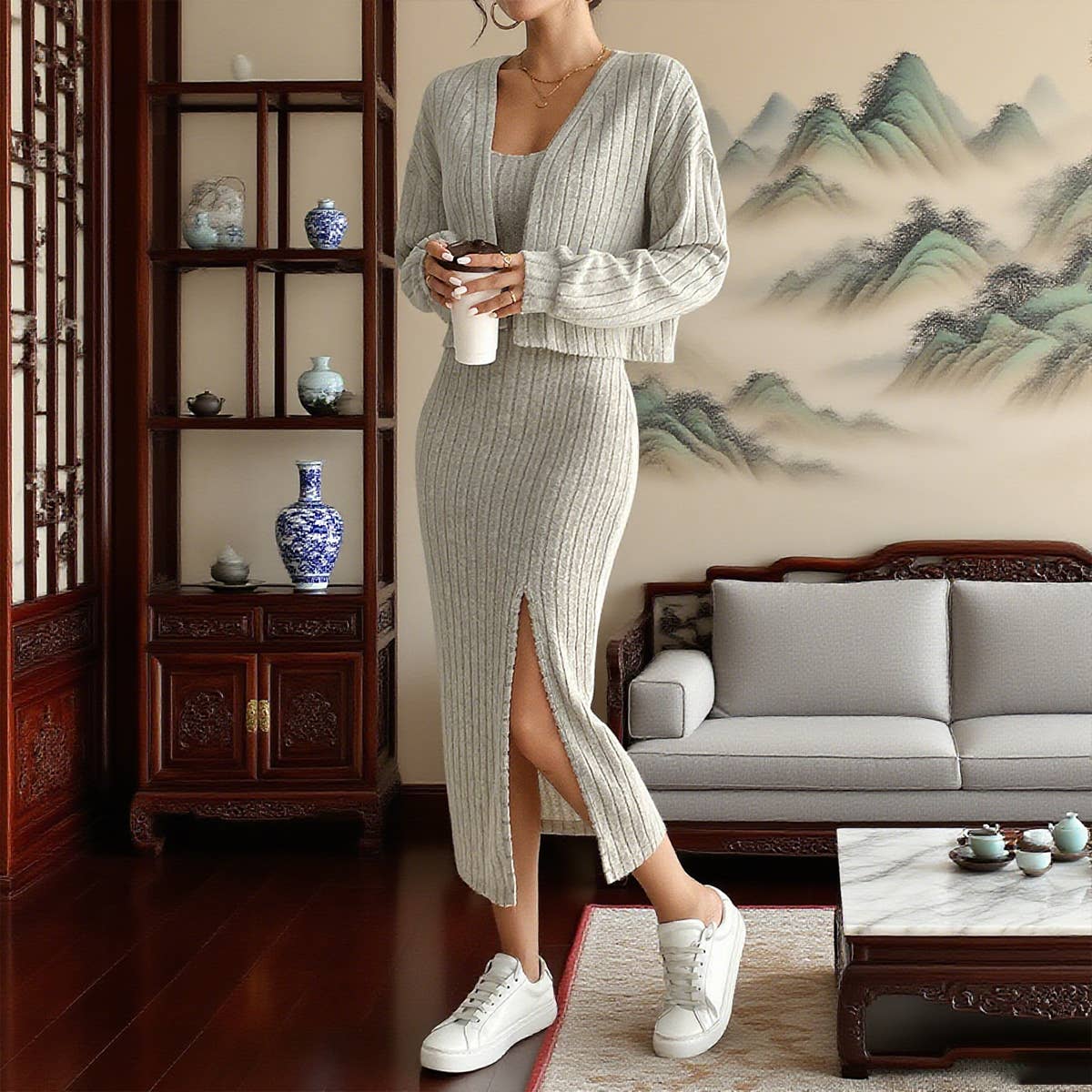 Long-sleeved knitted halter dress coat set