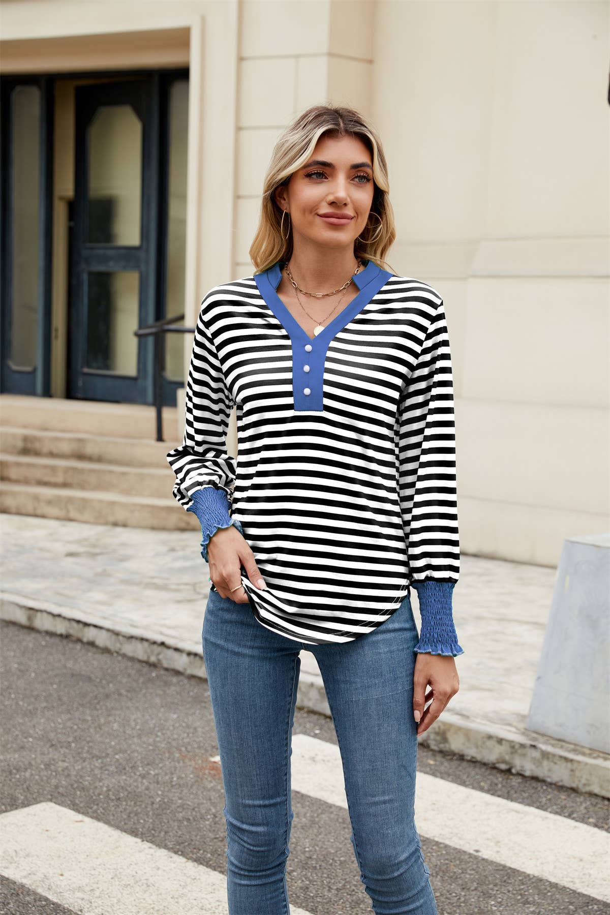 V-neck long-sleeved striped color-blocked top