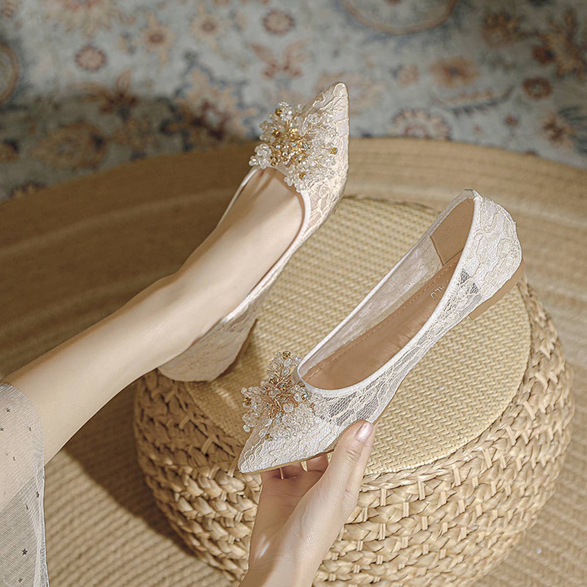 LACE AND RHINESTONE POINTED TOE FLATS