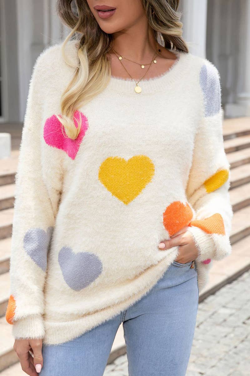 WOMEN ROUND NECK LOVE PATTERNED SOFT SWEATER_CWOSWL1446