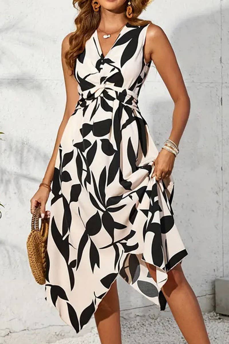 CWDSD3740_LEAF PRINT KINK IRREGULAR MIDI DRESS