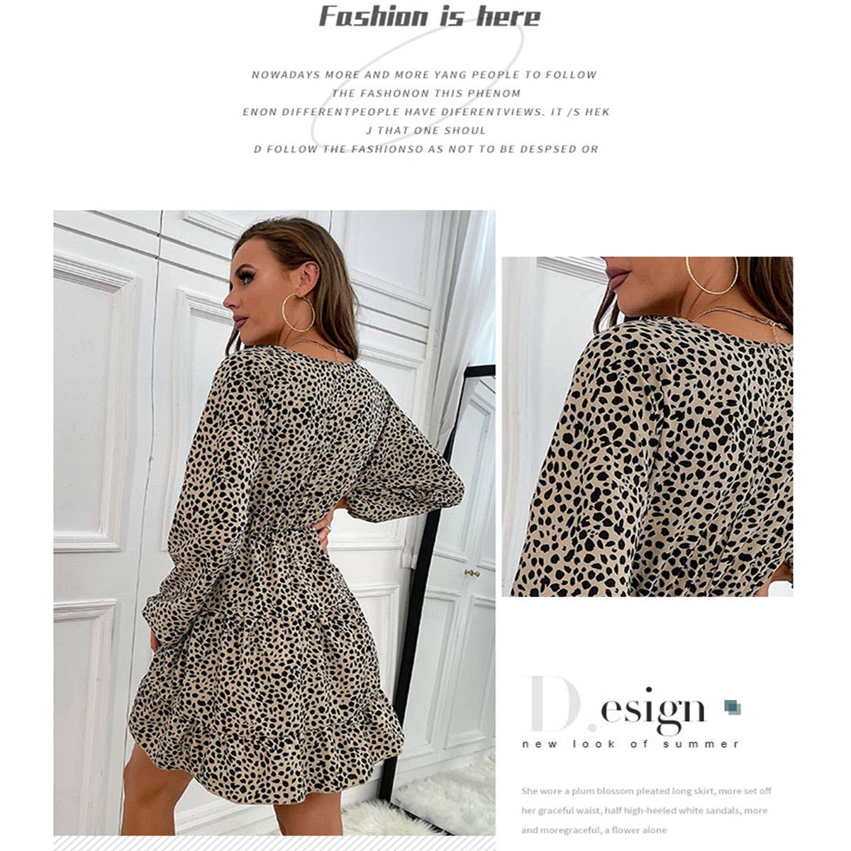 Leopard print dress with V-neck slim-fit waist