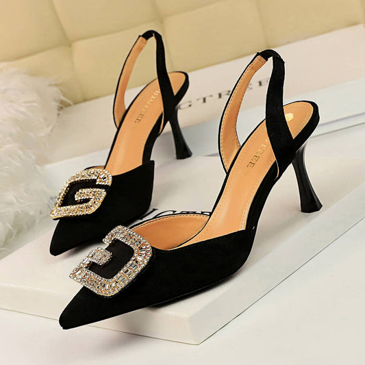 SHALLOW POINTED TOE RHINESTONE BUCKLE HIGH HEELS