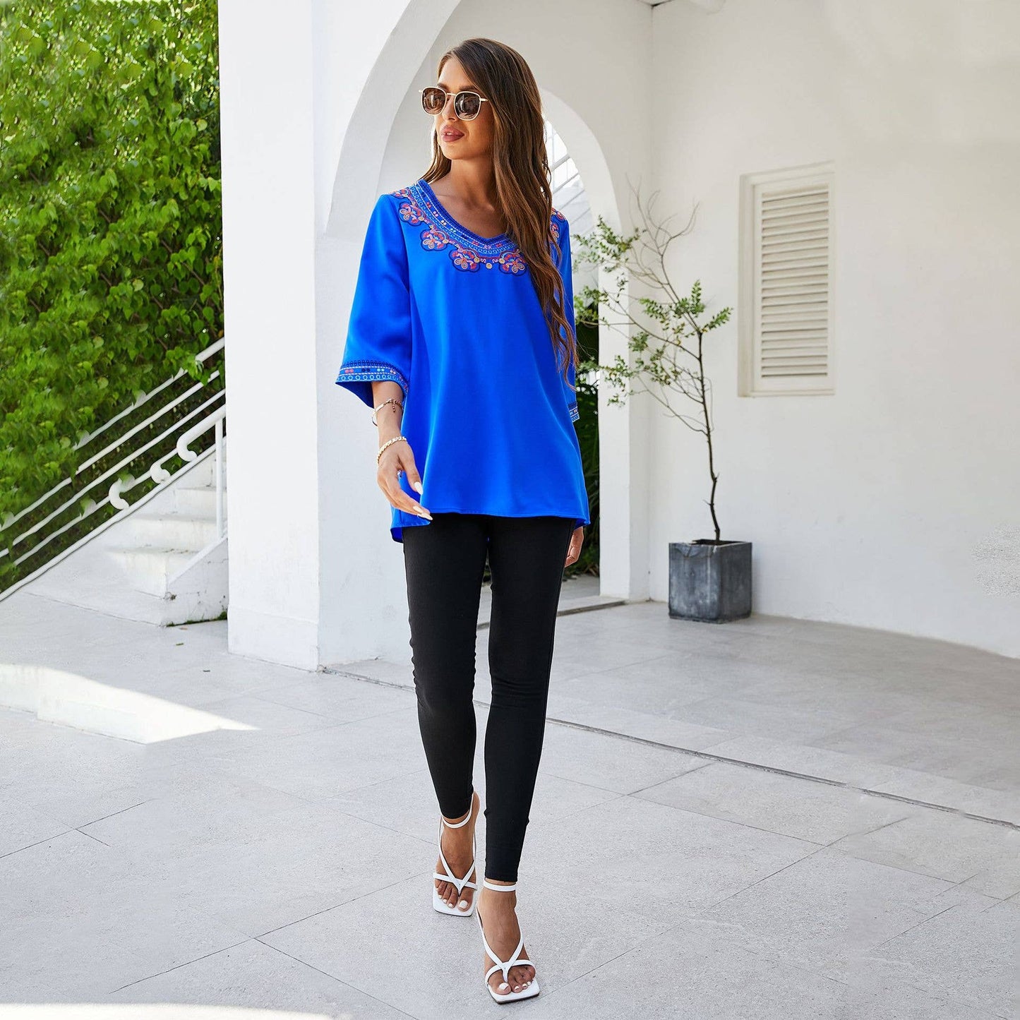 Ethnic style V-neck chiffon top