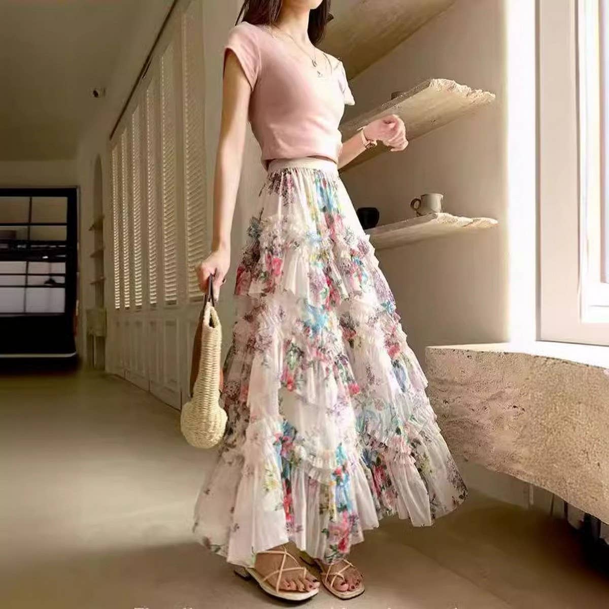 COLORFUL FLORAL MESH PRINT PLEATED TULLE SKIRT