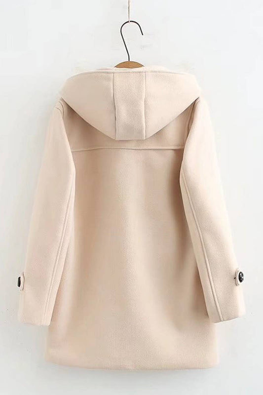 CWOCO0988_DOUBLE WOODEN BUTTON HOODED WOOLEN COAT