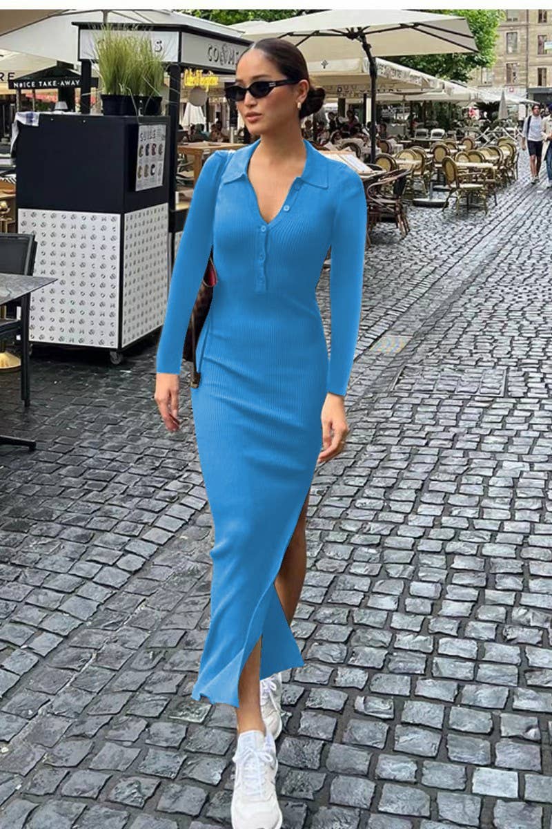 CWDMD4903_SLIM FIT POLO NECK RIBBED LONG SLEEVE SLIT DRESS