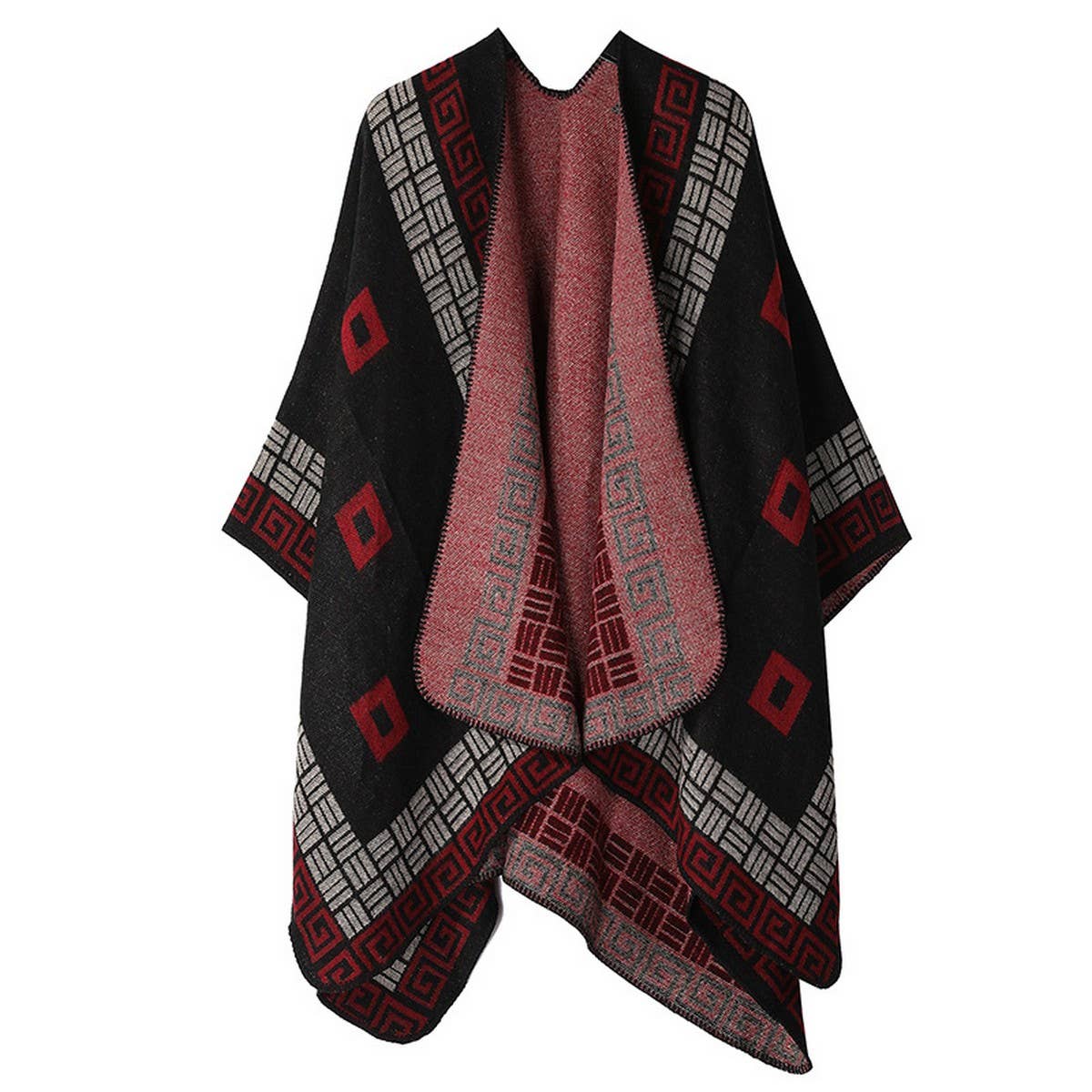DOUBLE-SIDED PLAID FAUX CASHMERE SHAWL CAPE