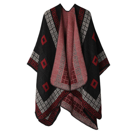 DOUBLE-SIDED PLAID FAUX CASHMERE SHAWL CAPE