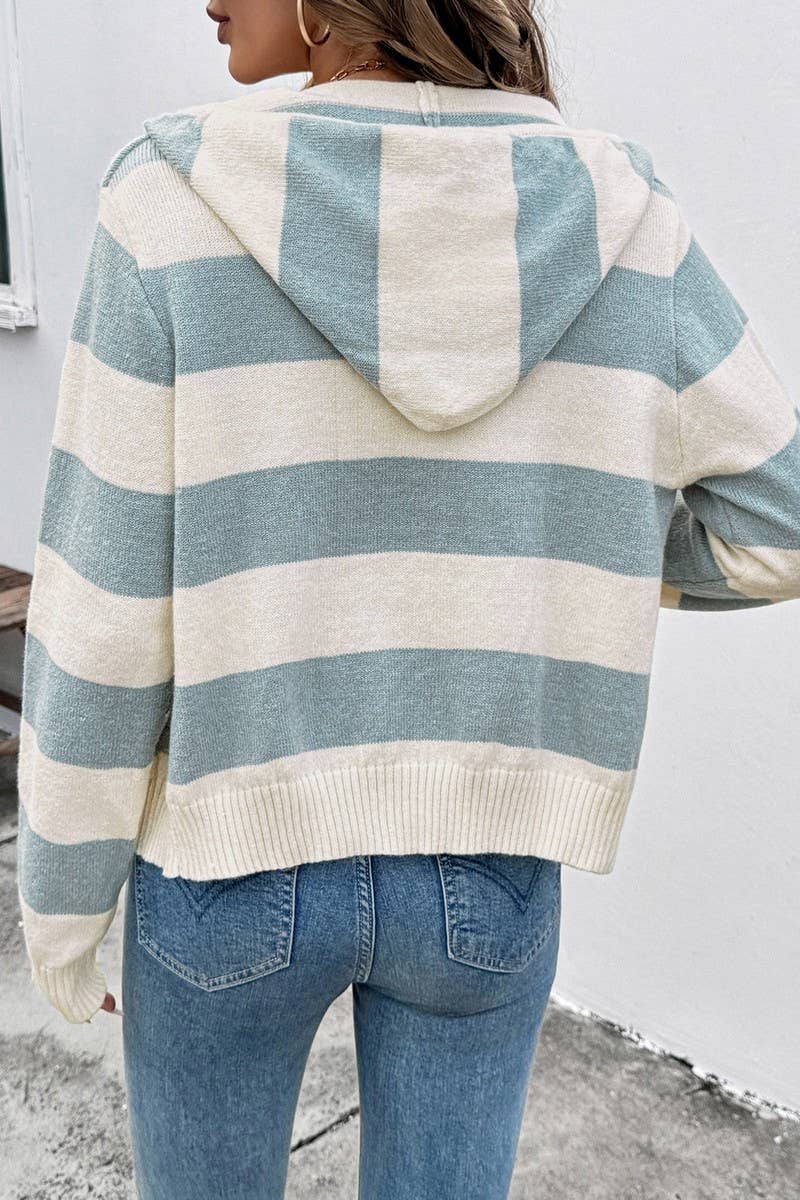 CWOCAL00595_STRIPE COLORBLOCK ZIP HOODIE CARDIGAN SWEATER