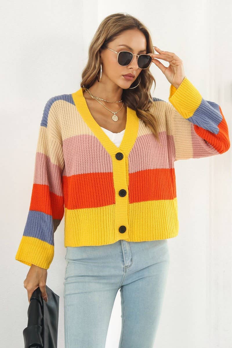 CWOCAL1224_CONTRAST RAINBOW STRIPES LOOSE KNIT CARDIGAN