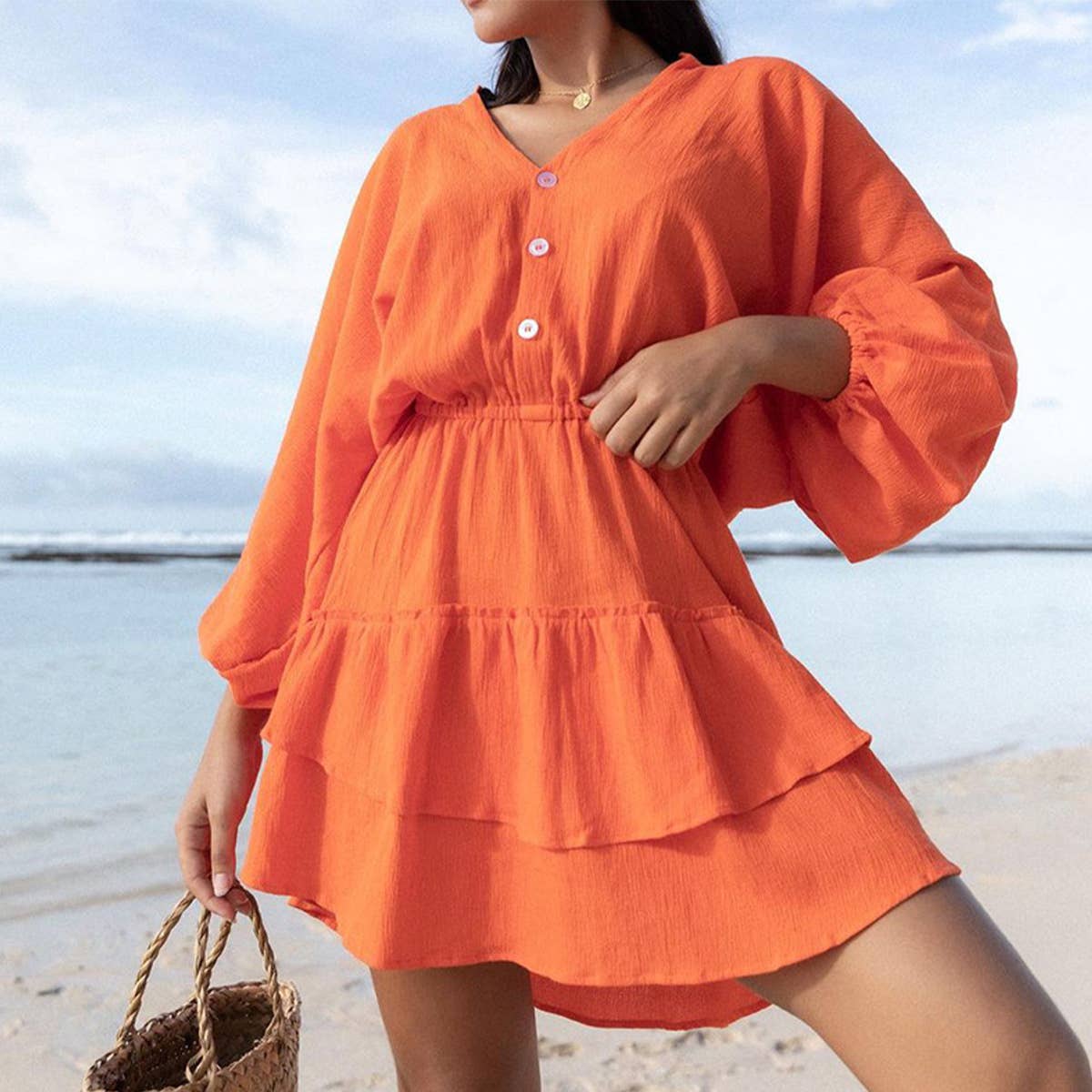 LONG SLEEVE SOLID COLOR COTTON LINEN DRESS