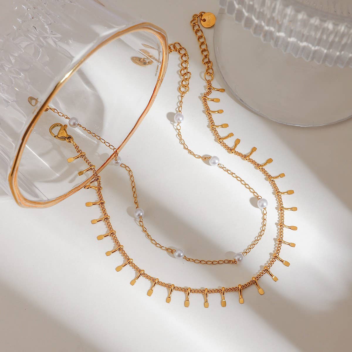 18K Gold Double Layer Pearl Anklet, Stainless_CWAJE4700