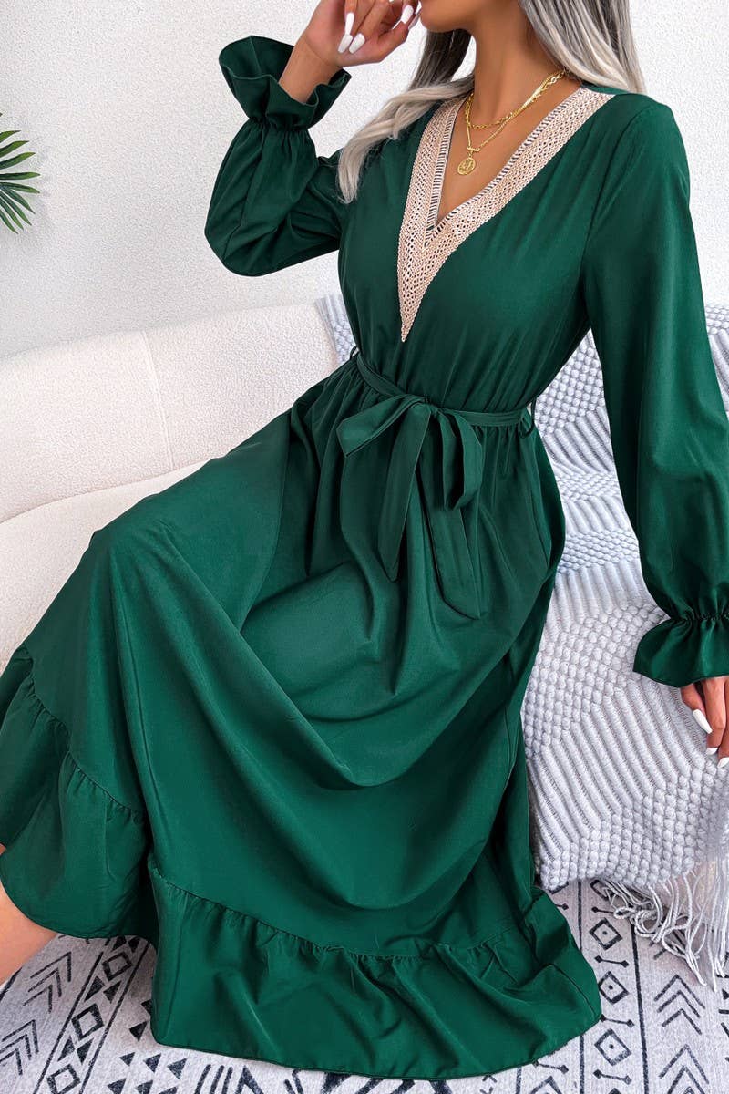 CWDMD4716_TEMPERAMENT V-NECK LACE WAIST RUFFLED LONG SKIRT