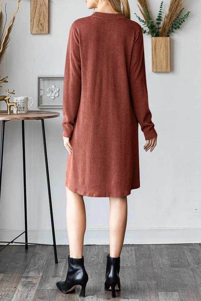 CWDSD6681_SOLID COLOR V-NECK LONG SLEEVE LOOSE DRESS