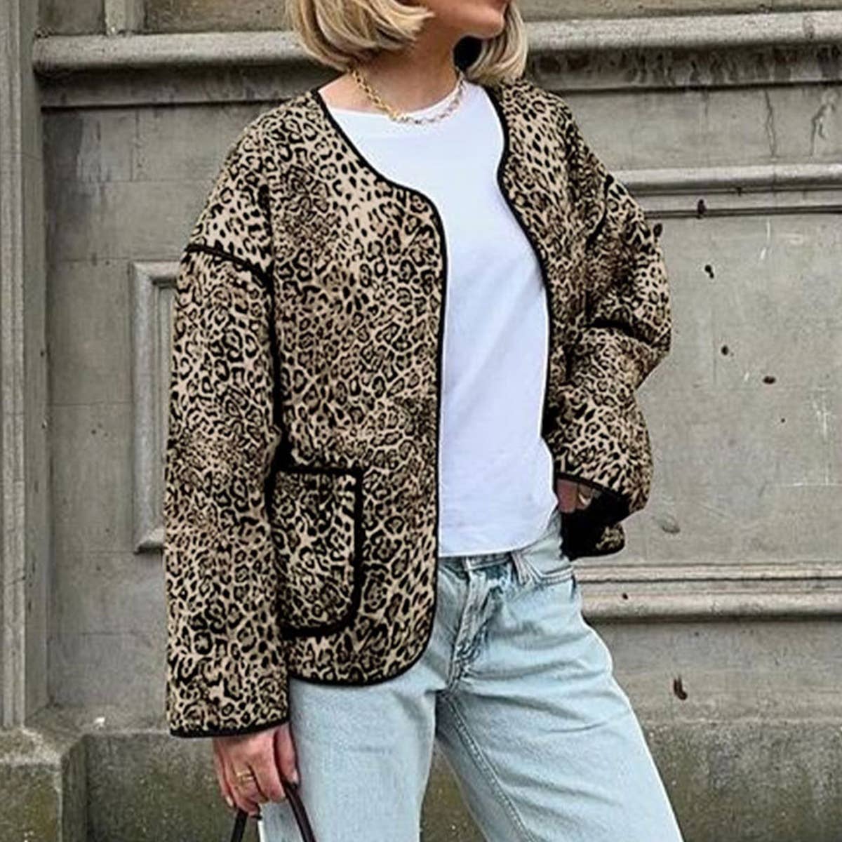 VINTAGE LEOPARD PRINT CREW-NECK UNBUTTONED JACKET
